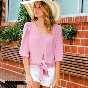 V-Neck Wide Top with Lace Trim and Bow Tie Detail